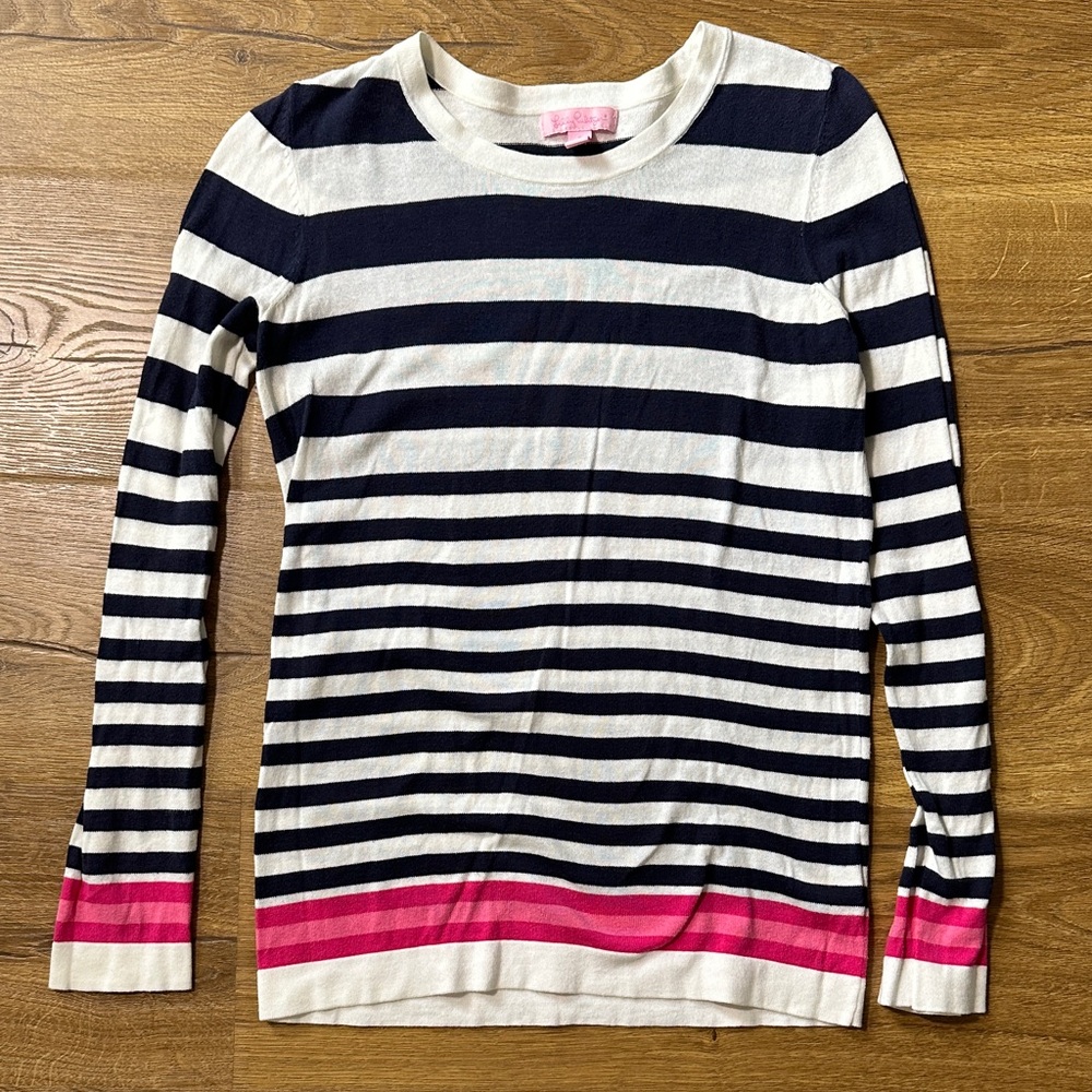 Lilly Pulitzer 100% Cotton Navy, White, and Pink Striped Sweater Small